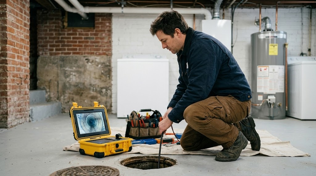 Sewer line camera inspection equipment and diagnostic reel inserted into main residential drain